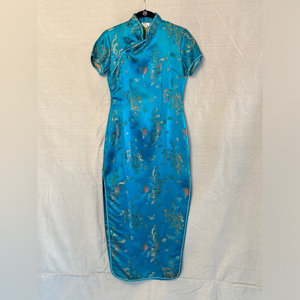 Vintage Turquoise Dragon Patterned Chinese Qipao Style Dress